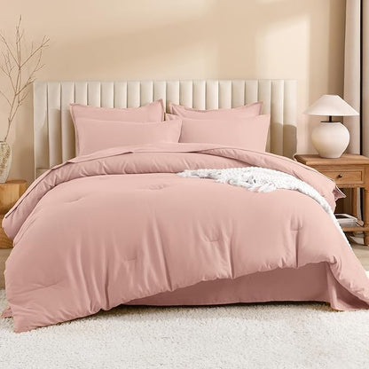Litanika Twin/Twin XL Size Comforter Sets Grey Blush Pink - 5 Pieces Bed in a Bag Twin/Twin XL Bedding Comforter Sets, Solid Lightweight Bed Set with Comforter, Sheets, Pillowcase & Sham