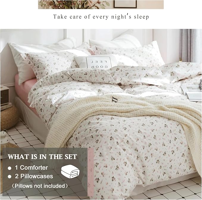 VM VOUGEMARKET Floral Comforter Set Full 3 Pcs Vintage White Pink Flower Bed Comforter with 2 Pillowcases All Season Soft & Lightweight Comforter Set for Girls Women 80"x90"