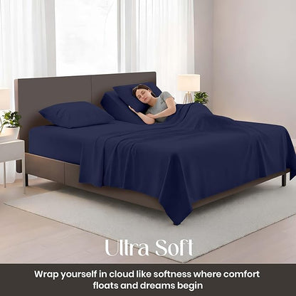 SGI bedding Adjustable Split Head Flex Top Queen 28" Microfiber Sheet Set – Ultra Soft, Cooling & Deep Pocket 15” Fitted, 4-Piece Breathable & Durable Bedding Set for Split Queen Beds -Navy Blue