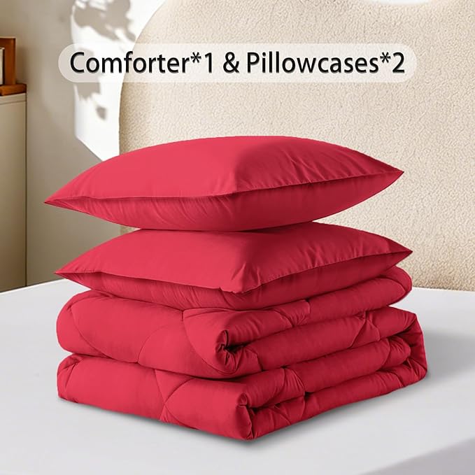 3-Piece King Comforter Set,All-Season,Soft & Hypoallergenic &Breathable Bedding,Polyester Quilted,Down Alternative(Comforter*1 & Pillowcases*2),Bright Red