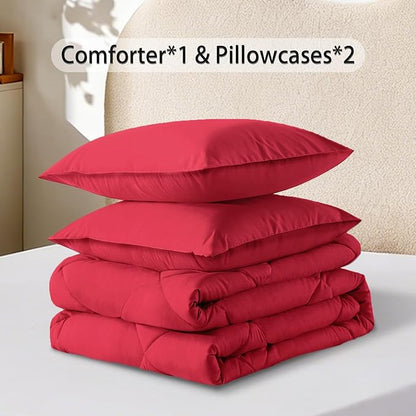 3-Piece King Comforter Set,All-Season,Soft & Hypoallergenic &Breathable Bedding,Polyester Quilted,Down Alternative(Comforter*1 & Pillowcases*2),Bright Red