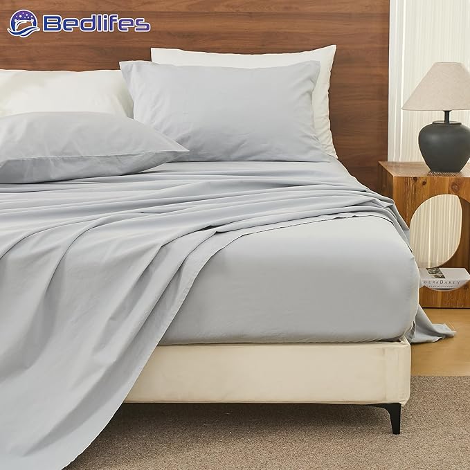 Bedlifes 100% French Pure Linen Sheets King Size Breathable and Cooling Flax Sheet Set Soft Durable and Moisture Wicking 16 Inch Deep Pocket-4 Piece(King,Grey)