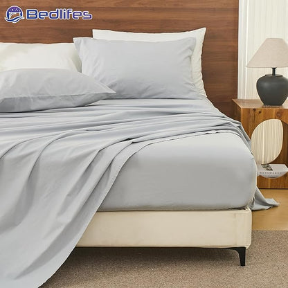 Bedlifes 100% French Pure Linen Sheets Queen Size Breathable and Cooling Flax Sheet Set Soft Durable and Moisture Wicking 16 Inch Deep Pocket-4 Piece(Queen,Grey)