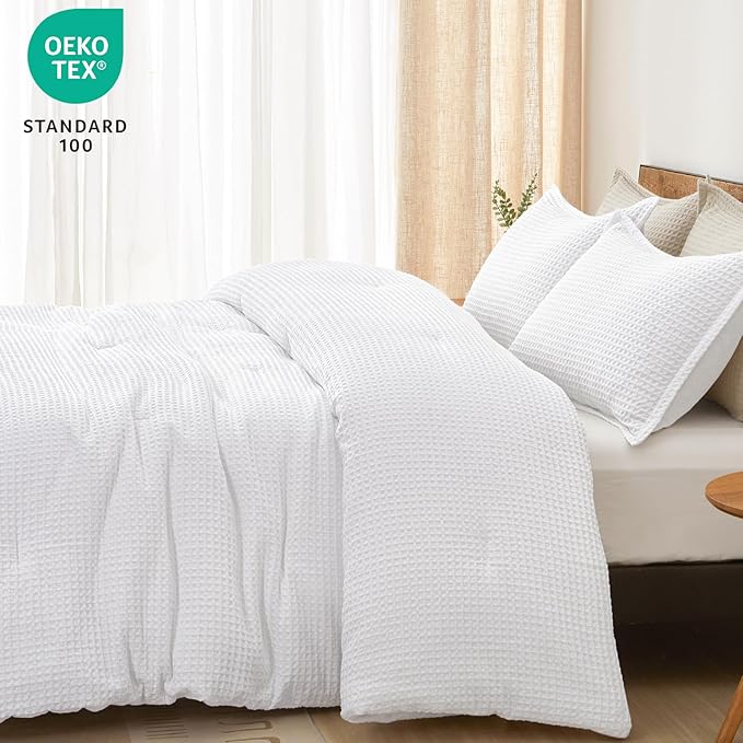 PHF Ultra Soft Waffle Weave Comforter Set California King Size, 3 Pieces Lightweight Breathable Comfy Bedding Set, Comfy Textured 1 Comforter with 2 Pillow Shams, White