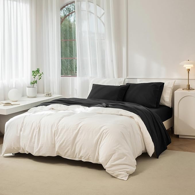 JIYUAN Twin Size Sheet Set, 3-Piece - 100% Washed Cotton, Linen-Like Soft & Breathable, Includes Deep Pocket Fitted & Flat Sheet with 1 Pillowcases, Hotel Quality, Solid Black