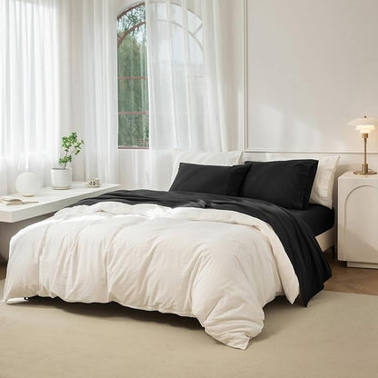 JIYUAN Queen Size Sheet Set, 4-Piece - 100% Washed Cotton, Linen-Like Soft & Breathable, Includes Deep Pocket Fitted & Flat Sheet with 2 Pillowcases, Hotel Quality, Solid Black