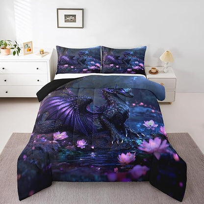 Feelyou Dragon Comforter Set Toddler Size Dragon Stuff Comforter for Boys Girls Teens Wild Life Bedding Set Flower Duvet Set Room Decor Black Purple Quilt Set
