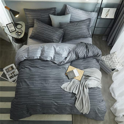 LifeTB Grey Striped Duvet Cover Set Queen 100% Cotton Geometric Stripes Pattern Printed Comforter Cover Modern Style Striped Bedding Set Soft Breathable Duvet Cover with Zipper Closure