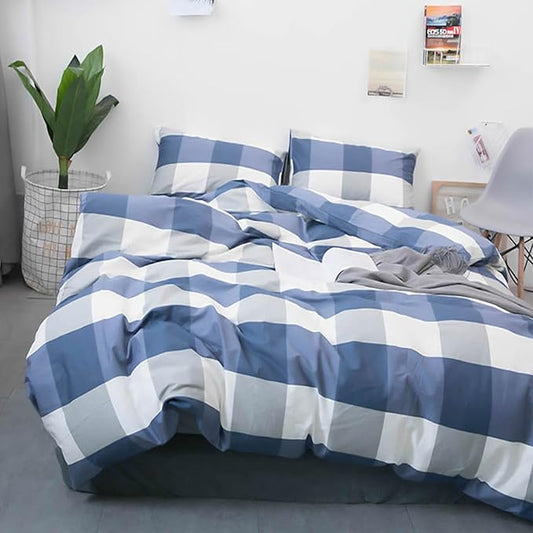 HighBuy Twin XL Comforter Set White Blue Modern Buffalo Plaid Comforter Sets Men Boy Geometric Checkered Grid Pattern Bedding Comforter Set Soft Fluffy Gingham Bedding Set Comforter Sets Twin XL Size