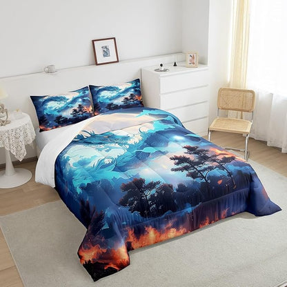 Blue Dragon Comforter Set Full Size,Jungle Animals Western Magical Bedding Set,Kids Boys Girls Room Decor Exotic Trippy Wildlife Style Quilt Set Volcano Moon Starry Sky Duvet Insert,2 Pillowcases
