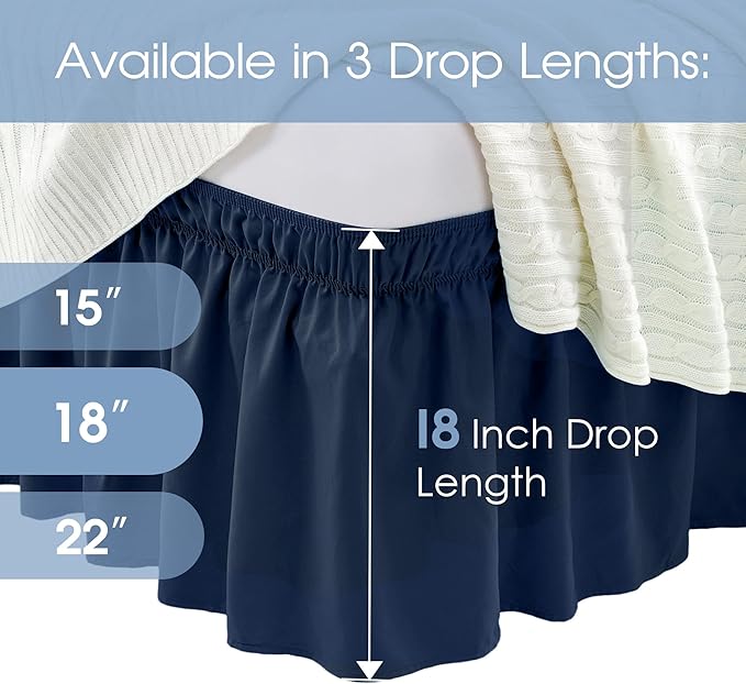 FreshCulture Twin Bed Skirt, Elastic Wrap Around Bed Skirt Twin Size, Bed Skirts for Adjustable Bed, Easy Fit with 18 Inch Drop Length, Hotel Quality Dust Ruffle for Twin Bed (Navy Blue)