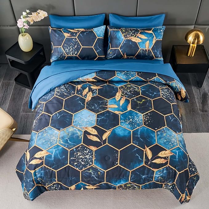 ANGIYUIN Blue Gold Marble California King Bedding Sets for Women Men, 7Pcs Geometric Hexagon Theme with Gold Leaves Bed in A Bag with Sheets, Watercolor Honeycomb Soft Bedding Comforter Set