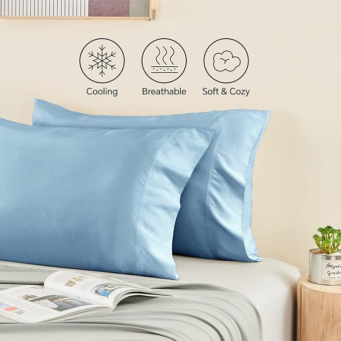 BEDELITE Standard Pillow Cases Set of 2, Rayon Derived from Bamboo, Cooling Pillow Cases for Hot Sleepers & Night Sweats, Breathable Silky Soft Envelope Pillowcases(Blue, 20"x26")