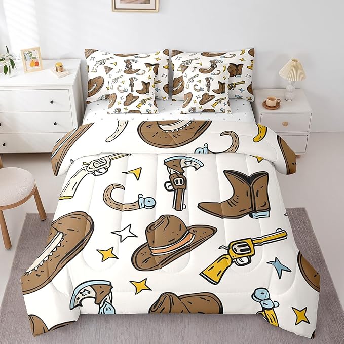 Erosebridal Cowboy Hat Men Bed in a Bag King Size Comforter Set 7 Pieces,Cowboy Boots Bedding Sets Hunting Western Decor Sheet Set with Comforter