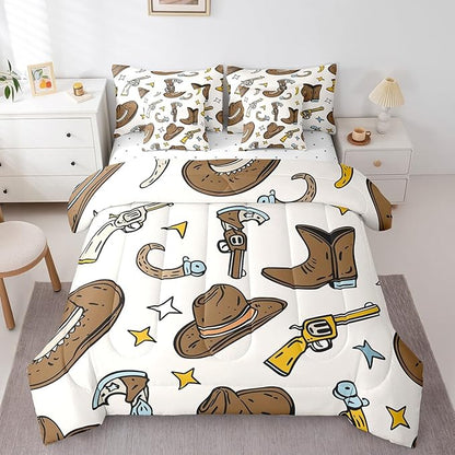 Erosebridal Cowboy Hat Men Bed in a Bag King Size Comforter Set 7 Pieces,Cowboy Boots Bedding Sets Hunting Western Decor Sheet Set with Comforter