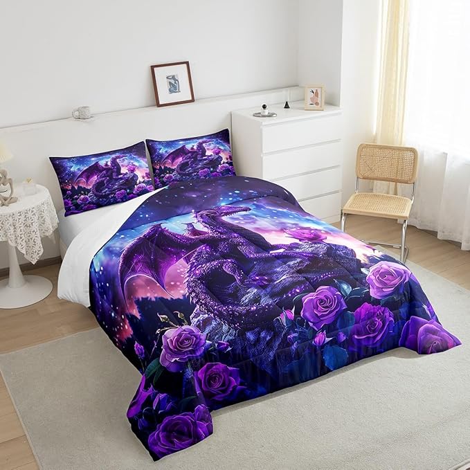 Blossom Flower Rose Comforter Set Twin Size,Purple Dragon Bedding Set for Kids Boys Girls Room Decor,Galaxy Starry Sky Nebula Duvet Insert 2Pcs,Glitter Retro Wild Animal Quilt Set,1 Pillowcase