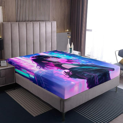 Erosebridal Anime Girl Bedding Set Queen Size, Kawaii Japanese Anime Bed Sheets for Kids Boys Teens Adult Women, Cartoon Girl Fitted Sheet Japan Animation Bedroom Decor, Machine Washable