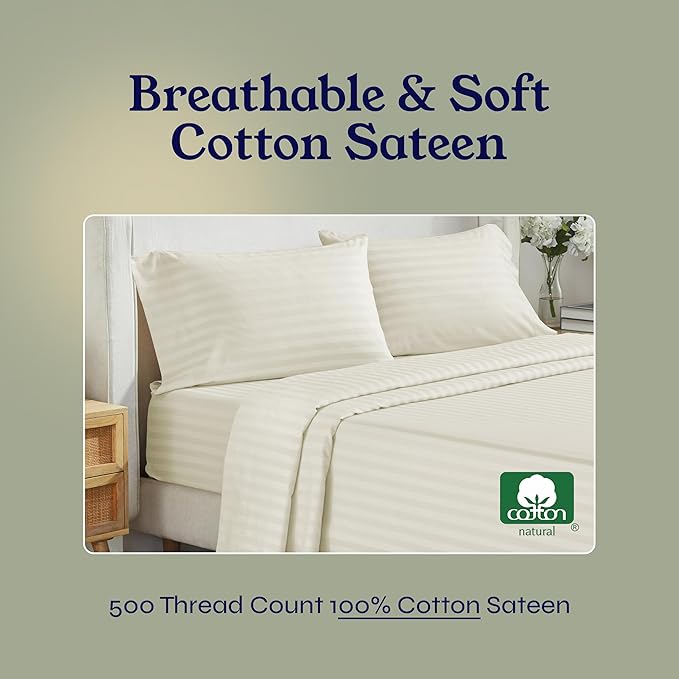 California Design Den 4 Piece King Size Sheet Set - 100% Cotton 500 Thread Count Sateen, Deep Pocket Bed Sheets with Fitted Elastic Sheet, Soft Luxury - Striped Ivory