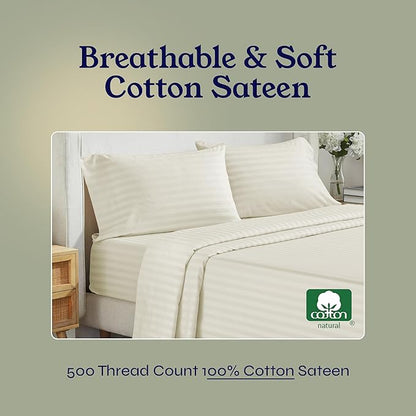 California Design Den Split King Size Sheet Set, 100% Cotton 500 Thread Count Sateen, Deep Pocket Bedding for Adjustable Bed, Twin-XL Fitted Elastic Sheets & Pillowcases - Striped Ivory
