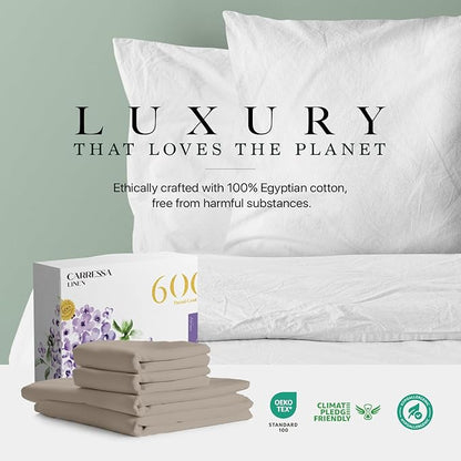 Carressa Linen 100% Egyptian Cotton King Size Sheets Set - 600 Thread Count Egyptian Cotton Queen Sheets King Size (4 PC, Cocoa Taupe) Soft, Cooling, 16" Deep Pocket Sateen Weave Luxury Bed Sheet Set