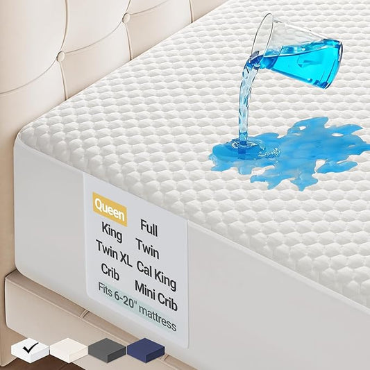 OhGeni 100% Waterproof Mattress Protector,Queen Size Mattress Soft Pad,Pet Hair & Bedwetting Resistant,Cooling Breathable Fitted Sheets,Washable Bed Cover,Non-Slip Deep Pocket,Noiseless for Bedroom