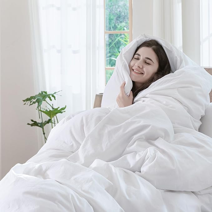 MooMee Bedding Duvet Cover Set 100% Washed Cotton Linen Like Textured Breathable Durable Soft Comfy (Solid Bright White, Super King Plus 120"x120")
