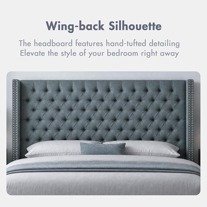 Madison Park King Wingback Upholstered Tufted Headboard, Featuring High-Density Sponge Padding, Adjustable Height Headboard, Easy Assembly, Dark Grey Woven