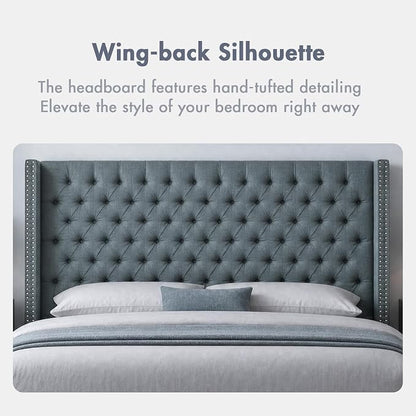 Madison Park King Wingback Upholstered Tufted Headboard, Featuring High-Density Sponge Padding, Adjustable Height Headboard, Easy Assembly, Dark Grey Woven