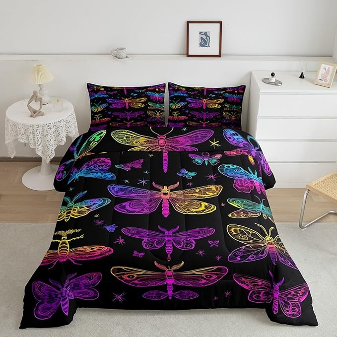Erosebridal Butterfly Bedding Set, Trippy Ombre Dragonfly Comforter Set for Kids Girls Teens, Gradient Rainbow Butterflies Bedding Comforter Sets, Psychedelic Colorful Wildlife Quilt, Full