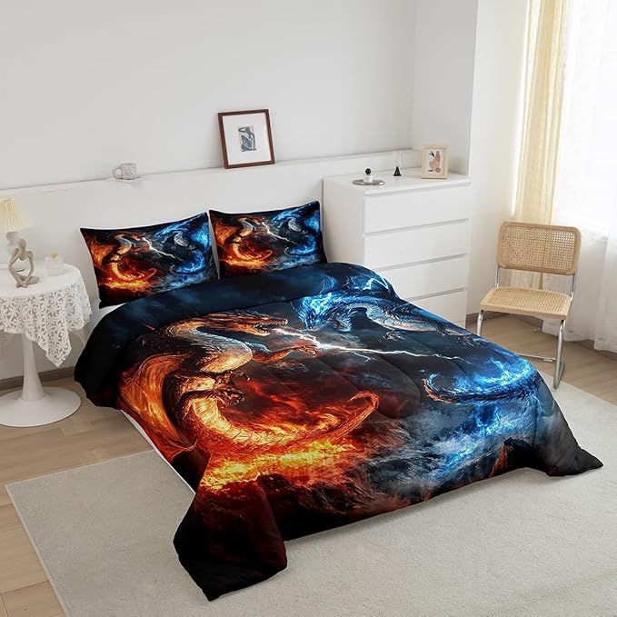 Feelyou Dragon Comforter Set Twin Size Dragon Stuff Comforter for Boys Girls Teens Wild Life Bedding Set Thunder and Lightning Duvet Set Room Decor Blue Orange Quilt Set