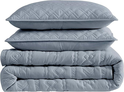 WDCOZY Boho Blue Grey Quilts Queen Size Bedding Sets with 2 Pillow Shams, Farmhouse Lightweight Soft Bedspread Coverlet for All Season, 3 Pieces, 90x90 inches