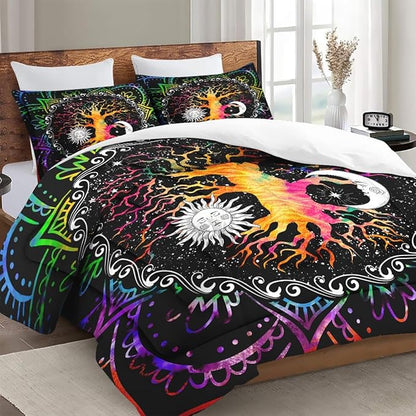 King Size Comforter Set with 2 Pillowcases, Astrology Zodiac Tree of Life 3 Pcs Bedding for Kids and Adults, Colorful Sun and Moon Tarot Soft Comforter Set for Bedroom Bed Decor