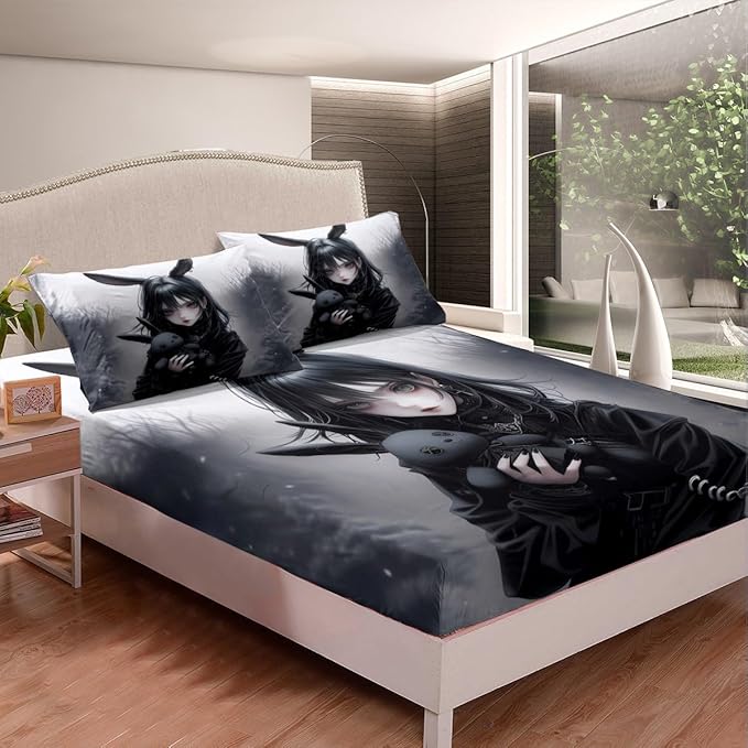 Anime Fitted Sheet 3D Japanese Girl Bed Sheets Full,Anime Gifts Sheets for Girls,Gothic Cartoon Rabbit Print Bedding Set Exotic Style Bed Set for Room Decor,Black