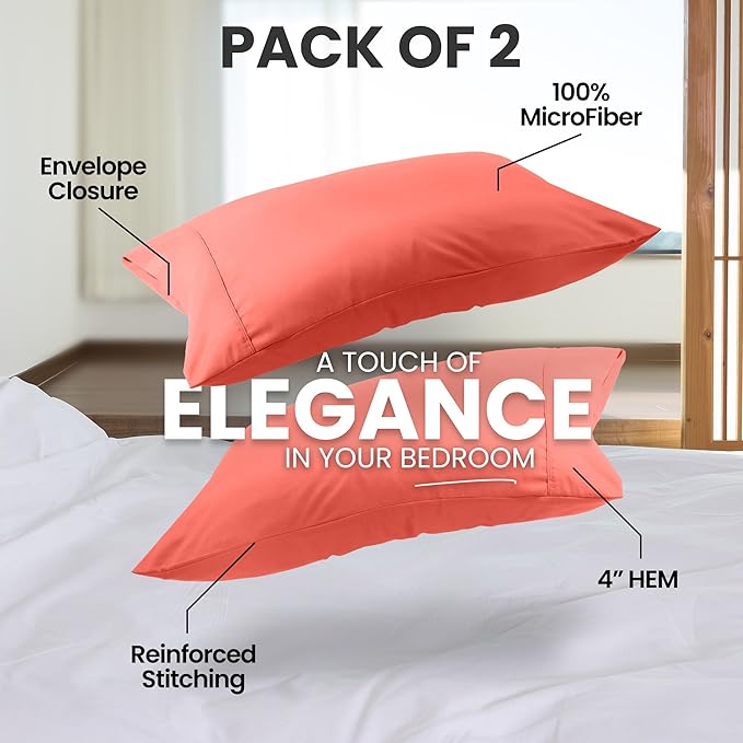 Utopia Bedding Queen Pillow Cases - 2 Pack - Envelope Closure - Soft Brushed Microfiber Fabric - Shrinkage and Fade Resistant Pillow Covers Queen Size 20 X 30 Inches (Queen, Coral)