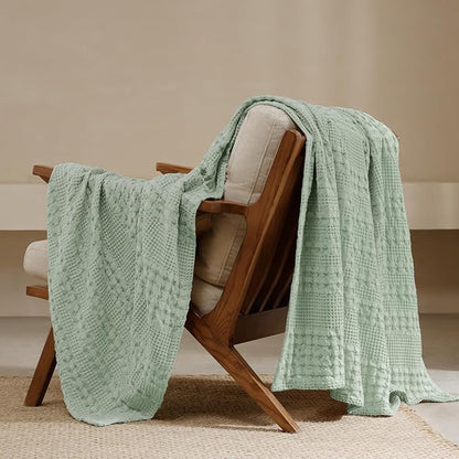 PHF 100% Cotton Waffle Weave Throw Blanket, Soft Lightweight Breathable Cozy Throws for Couch Bed Sofa, Luxury Aesthetic Blanket Gift for Home Decor & Office, 50"x60", Mint Green
