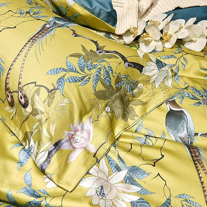 mixinni Duvet Cover Set King Size Bird Flower Pattern Soft Long Staple Cotton Floral Bedding Comforter Cover Set with Zipper Ties for Women and Men, Ultra Soft, Breathable, Easy Care-King Size