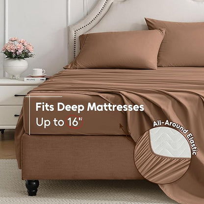 Full Size Bed Sheets Set, 4 Pieces Hotel Luxury Soft Microfiber Bed Sheets Set, Up to 16" Deep Pockets, Oeko-Tex Sheets with Elastic, Breathable, Wrinkle Free (Brown,Full)