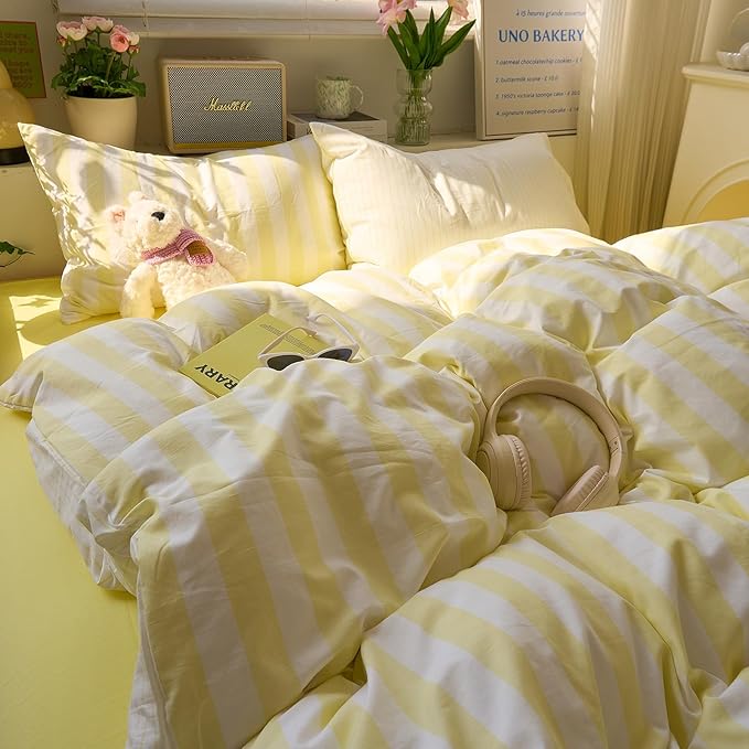 Yellow Striped Full Duvet Cover Cute Soft Full Size Comforter Cover Boho Chic Washed Microfiber Farmhouse Duvet Cover Set with Corner Ties College Dorm Bedding Set for Girls Duvet Protector