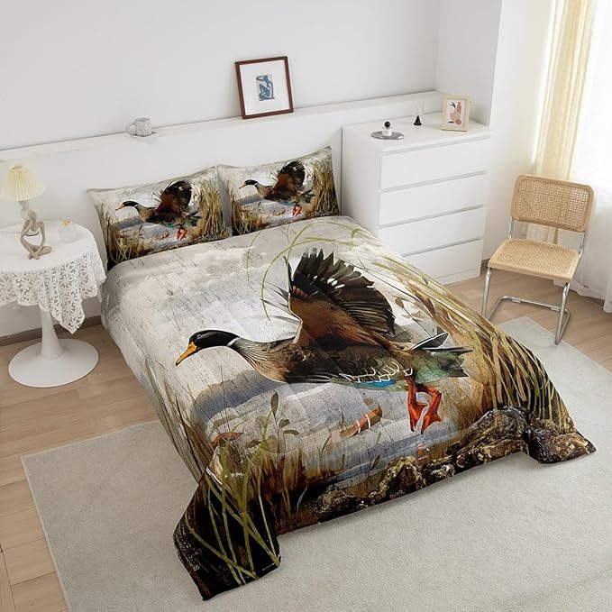 Feelyou Mallard Duck Bedding Set Boys Girls Wild Duck Hunting Comforter Set for Kids Women Men Soft Lodge Cabin Farmhouse Comforter Quilt Room Decor Queen Size Duvet Set Boys