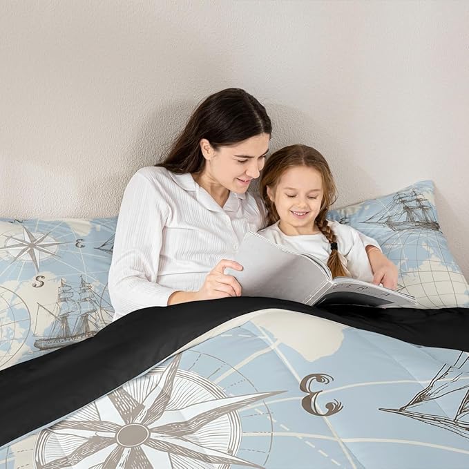 Nautical Queen Comforter Set, Retro Sailboat Bedding Set for Boys Girls Kids Teens, World Map Sketch Down Comforter, Vintage Anchor Compass Duvet Set, Yacht Ship Kids Comforter Sets, White Blue 3Pcs
