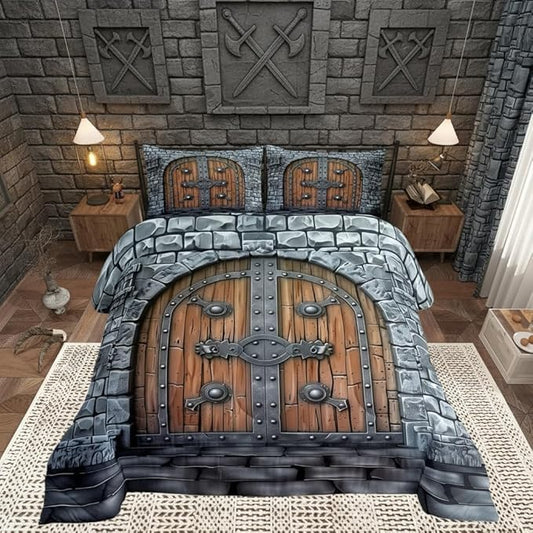 Castle Walls Comforter Set with 2 Pillowcases,Medieval Themed Super Soft Microfiber Bedding Set for Adults Teens,Knight Wall Duvet Set for Room Decor,King