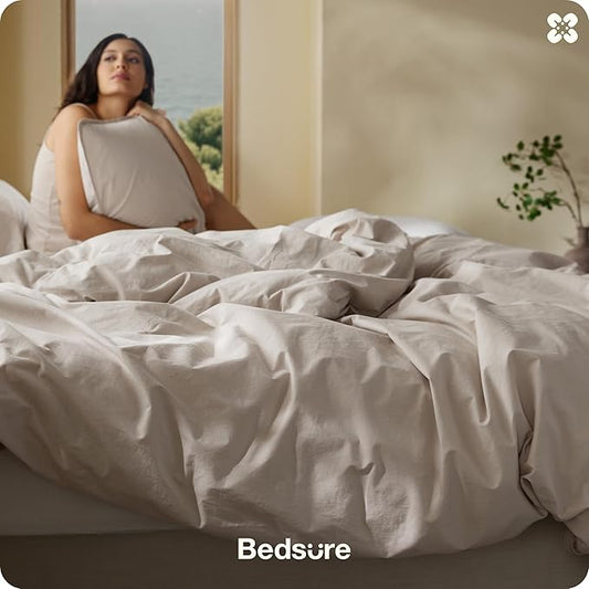 Bedsure Cotton Duvet Cover Oversized King - Luxury Slub Weave 100% Cotton Duvet Cover Set, PureWoven Bedding Set with a Linen Like Textured, Easy Change, Natural Linen, 120" x 98"
