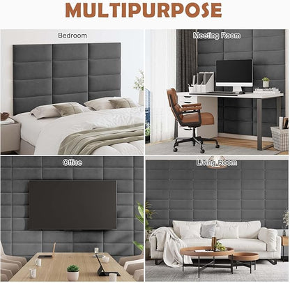 IFNOW Wall Mounted Headboard, Peel and Stick Panels, Dark Grey, King | Upholstered 3D Soundproof Acoustic Panels Reusable and Removable Padded Leather Bed Headboard, 12 Panels 9.84" x 23.62"