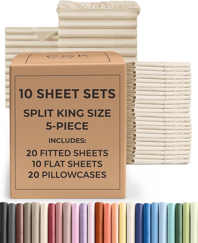 Bulk Case Pack of 10 Sheet Sets - (10) Complete Split King Size Sheet Sets w/ Deep Pockets - Wholesale Bulk Bedding for Hotels, Spas & Airbnbs - Breathable and Wrinkle Free - (Split King, Wheat)