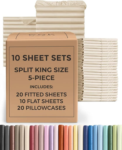 Bulk Case Pack of 10 Sheet Sets - (10) Complete Split King Size Sheet Sets w/ Deep Pockets - Wholesale Bulk Bedding for Hotels, Spas & Airbnbs - Breathable and Wrinkle Free - (Split King, Wheat)