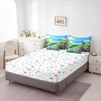 jejeloiu Cute Anime Floral Bedding Set 7Pcs Twin Size Kids Tulip Floral Comforter Set with Sheets for Boys Girls Flower River Bed in a Bag Soft Lightweight,Microfiber