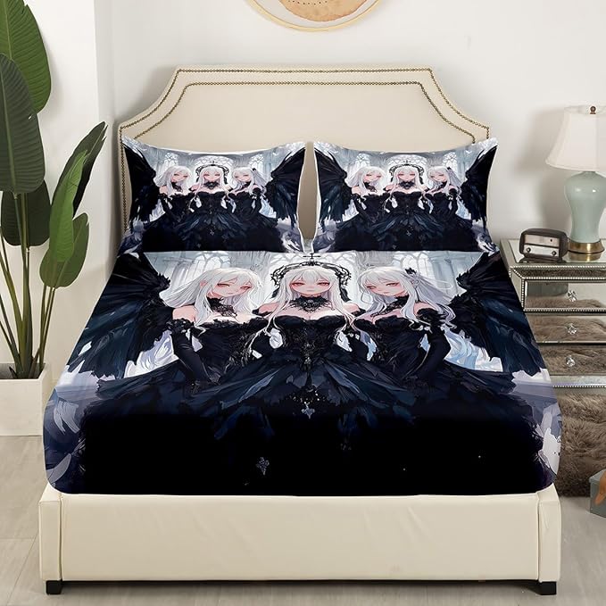Erosebridal Japanese Anime Queen Size Fitted Sheet, Anime Girl Bedding Set Kawaii Japanese Style Bed Sheets Cartoon Japan Animation Bed Set for Boys Teens Adult Women Bedroom Decor, Black