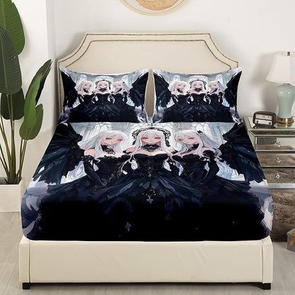 Erosebridal Japanese Anime Queen Size Fitted Sheet, Anime Girl Bedding Set Kawaii Japanese Style Bed Sheets Cartoon Japan Animation Bed Set for Boys Teens Adult Women Bedroom Decor, Black