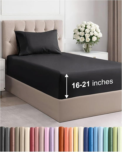 Extra Deep Pocket Twin Size Sheet Set - 3 Piece Breathable & Cooling Bed Sheets - Hotel Luxury Bedding with 16 to 21 inch Extra Deep Pockets - Ultra-Soft, Fade & Wrinkle Resistant - Oeko-Tex - Black