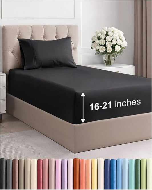 Extra Deep Pocket Twin Size Sheet Set - 3 Piece Breathable & Cooling Bed Sheets - Hotel Luxury Bedding with 16 to 21 inch Extra Deep Pockets - Ultra-Soft, Fade & Wrinkle Resistant - Oeko-Tex - Black